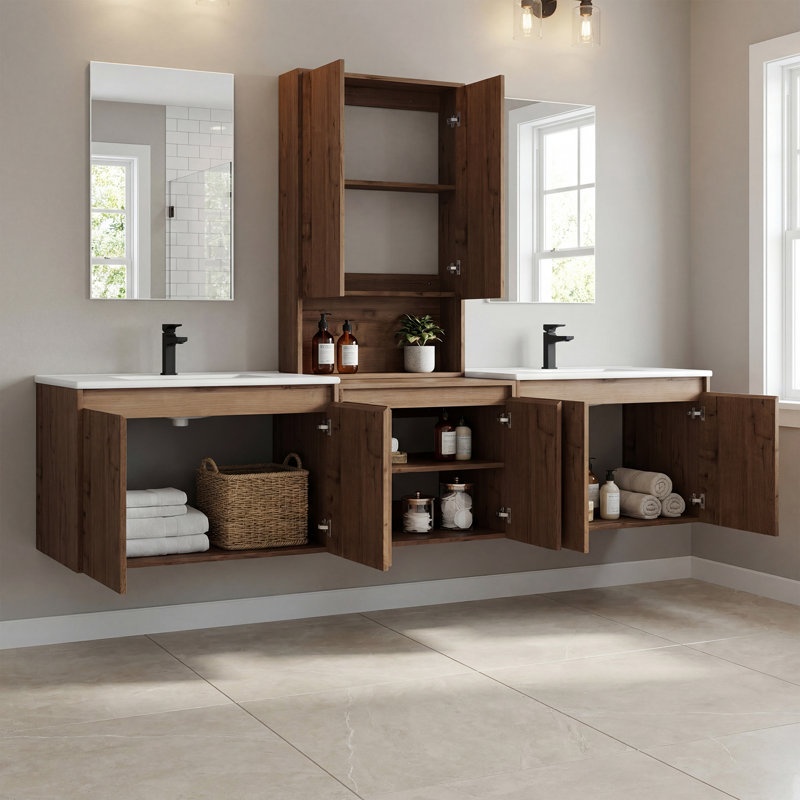 84" Floating Double Bathroom Vanity with Upper Cabinet, Ceramic Sink and Handle-Free Design, 84"