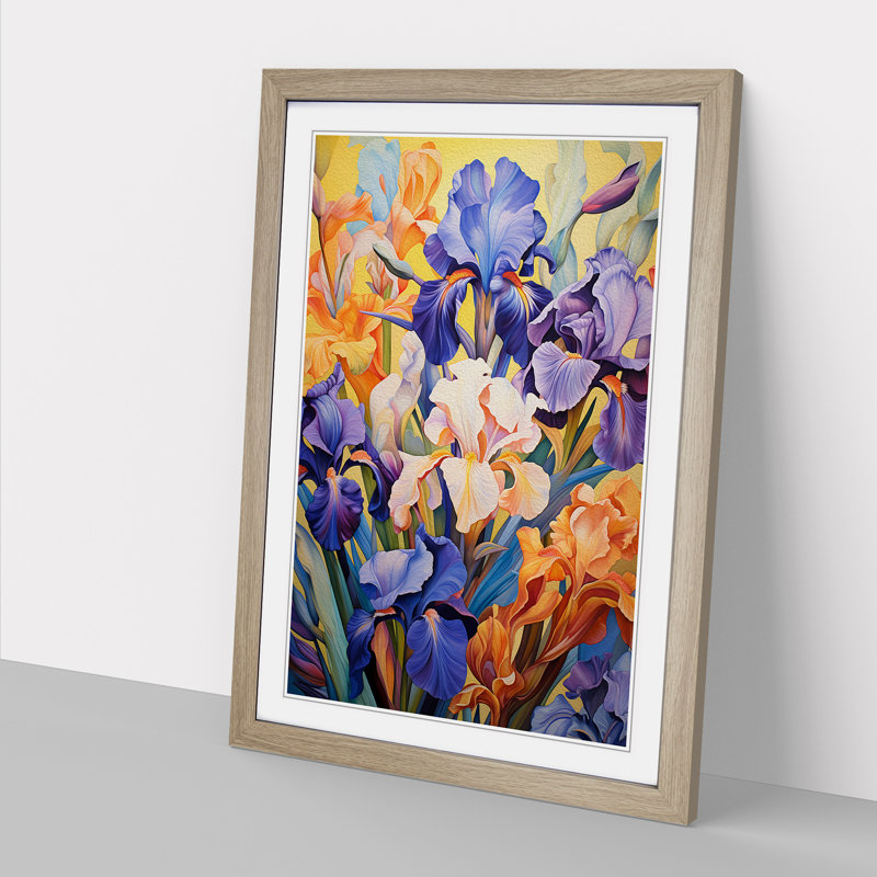 Iris Flower Colour Field - Single Picture Frame Print on Wood, Oak, 34cm H x 25cm W x 2cm D