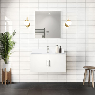 Meuble-lavabo blanc lustré 91,4 cm (L) x 55,9 cm (P) pour salle de bain, comptoir en marbre reconstitué, robinetterie, miroir à DEL – Résistance durable aux taches et aux rayures.