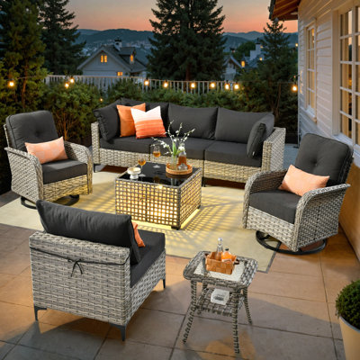 Emroy 6 - Person Wicker/Rattan Sectional Seating Group with Lighted Coffee Table and Swivel Chairs, All Weather Modular Outdoor Conversation Set with
