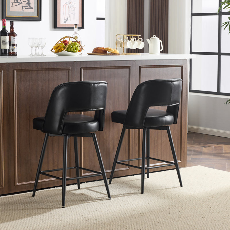 Set Of 2 Modern Leather Bar Stools With Curved Back And Metal Frame For Kitchen Island Bar Dining Area In Black, Black