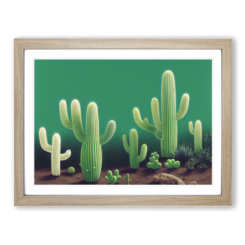 Friendly Cactus - Single Picture Frame Print, 34cm H x 46cm W x 2cm D, Oak Framed