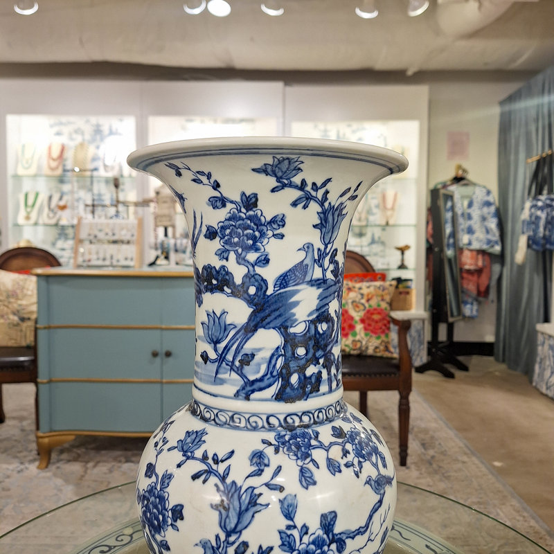 Blue and White Porcelain Vase with Birds and Peonies