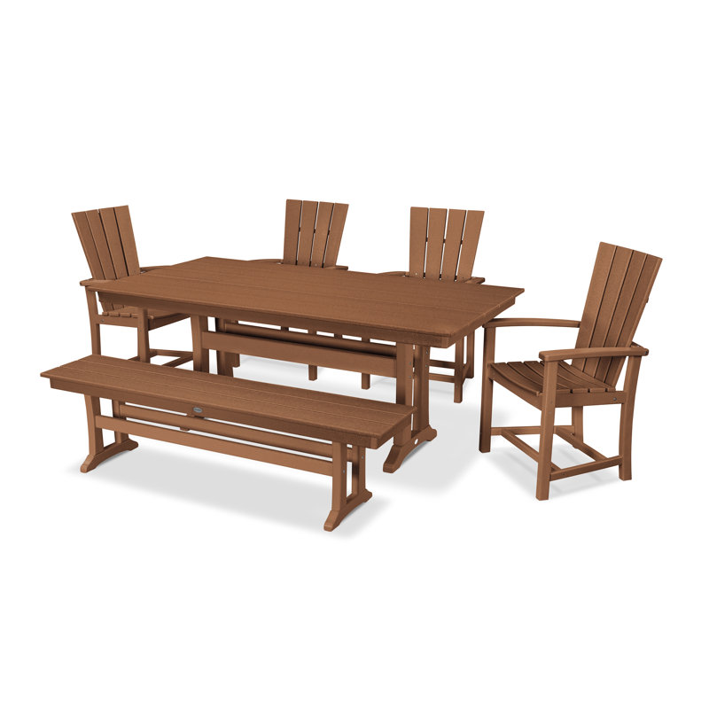Quattro 6-Piece Farmhouse Dining Set with Trestle Legs and Bench, Teak