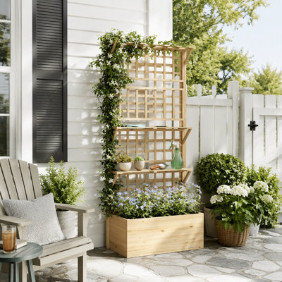 Lit de jardin surélevé en bois avec toit en treillis et tablettes de rangement pour plantes grimpantes et légumes d'extérieur