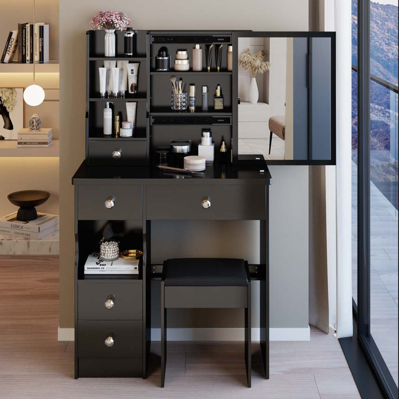 Compact Left Drawer Desktop Vanity Table with Cushioned Stool, Large Sliding Mirror, and Multi-Layer Storage for Small Spaces