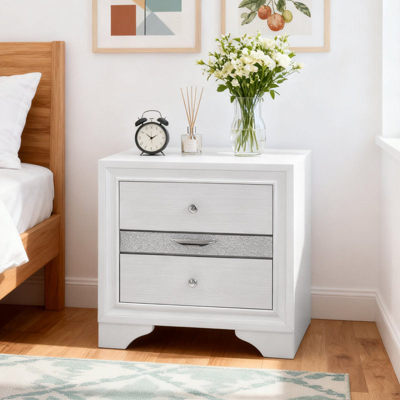Table de chevet moderne avec 2 tiroirs, Blanc