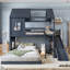 Lit superposé en bois (un lit simple en haut, un lit double en bas) avec étagères, armoire, échelle, glissade et barrières de sécurité