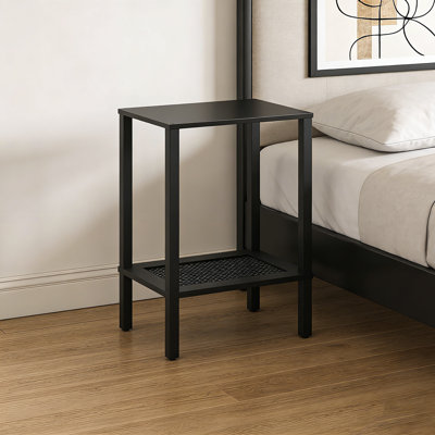 Nightstand, Small Side Table With 2-Tier Storage Shelves & Faux Rattan Decoration