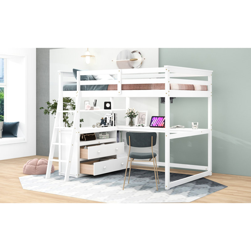 Lit mezzanine double en blanc avec bureau, tablettes et tiroirs - Pièce de chambre fonctionnelle et robuste, Lit double