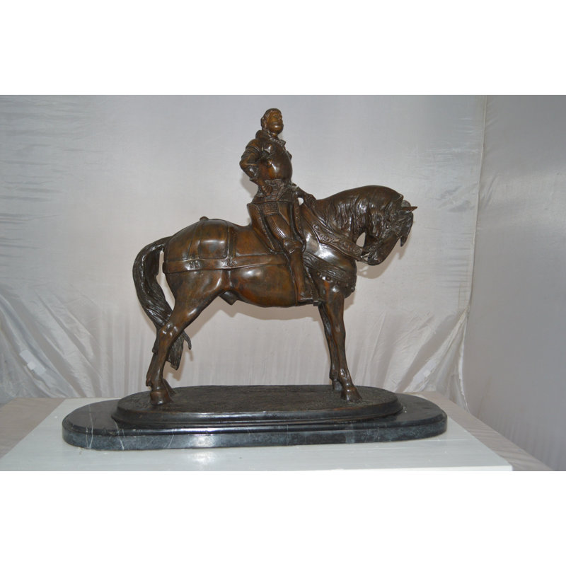 Bronze Man on Horse Statue with Marble Base