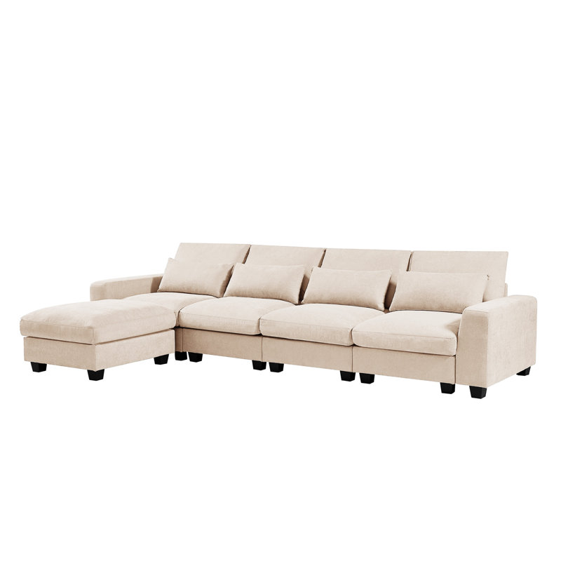 Canapé modulaire moderne avec méridienne réversible et coussins en mousse épaisse revêtus de chenille beige, Beige