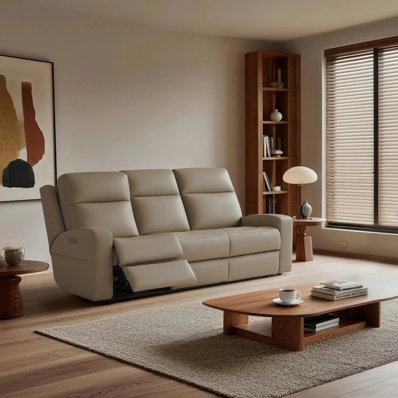 Genuine Leather And Zero-gravity Reclining Sofa with Thriple Power, Dark Beige Genuine Leather