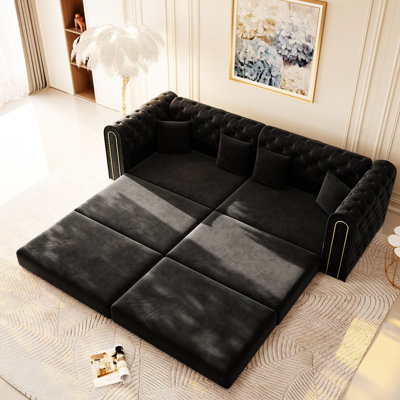 Lit convertible 3-en-1 de 90,6 po, gris foncé, confortable, profondeur de siège de 26,8 po, 4 oreillers économiseurs d'espace, élégant, garniture dorée, 8,3 po pour le salon