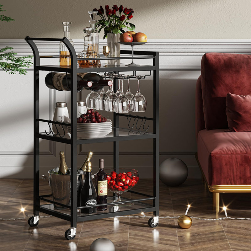 Chariot-bar avec tablette miroir à 3 niveaux, Noir