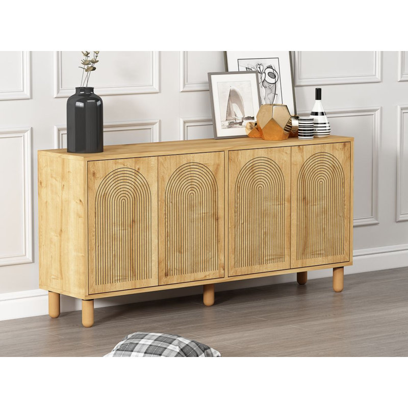 Console moderne, chêne saphir, 59,1 po x 28,7 po x 14,2 po | 100% panneau de particules enduit de mélamine, épaisseur: 0,7 pouce | Support mural, tablettes multiples, conception géométrique élégante pour le salon et le vestibule