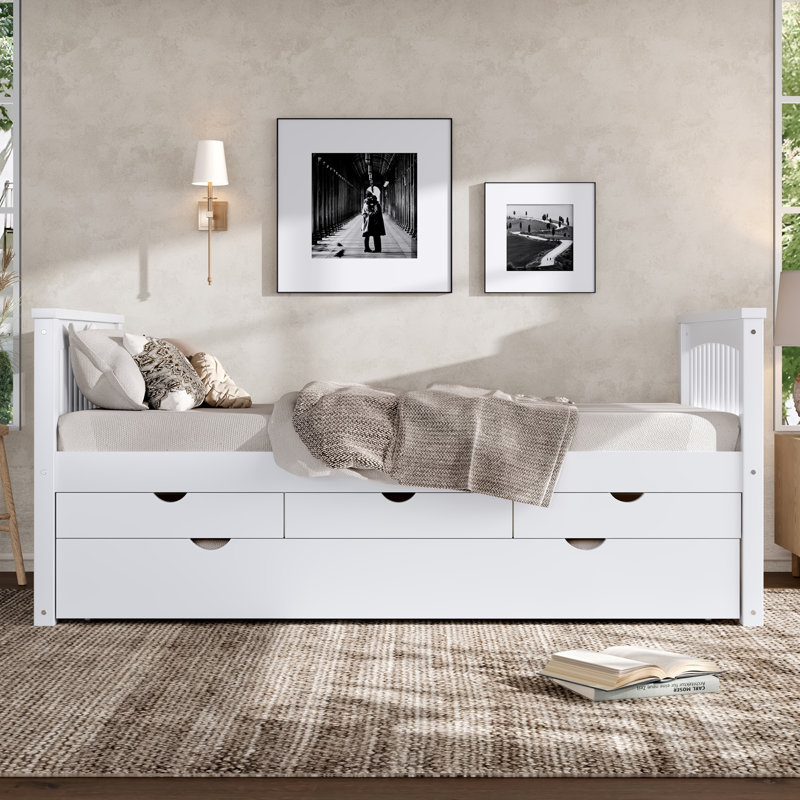 Lit de jour avec couchette et tiroirs de rangement - Structure en bois massif blanc, Blanc