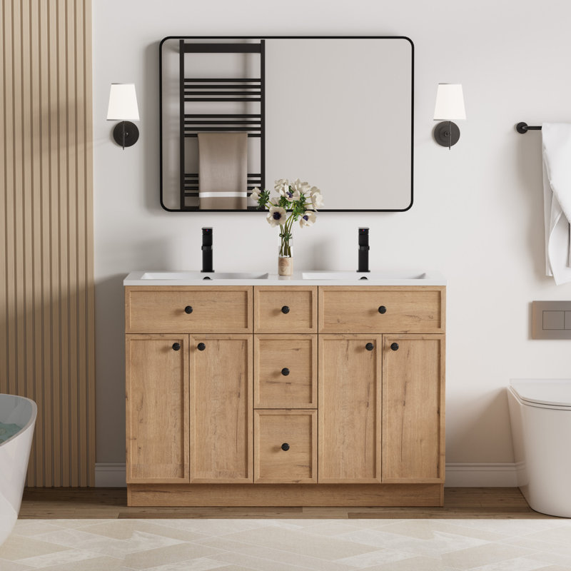 Jadaya 48 Inch Double Sink Bathroom Vanity Set With Resin Sink Top, Assembly Required, Oak