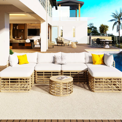 Ensemble de 7 meubles de patio tout temps - Sofa d'angle beige avec coussins épais pour se détendre sur la terrasse - 7 pièces pour un plaisir en plein air