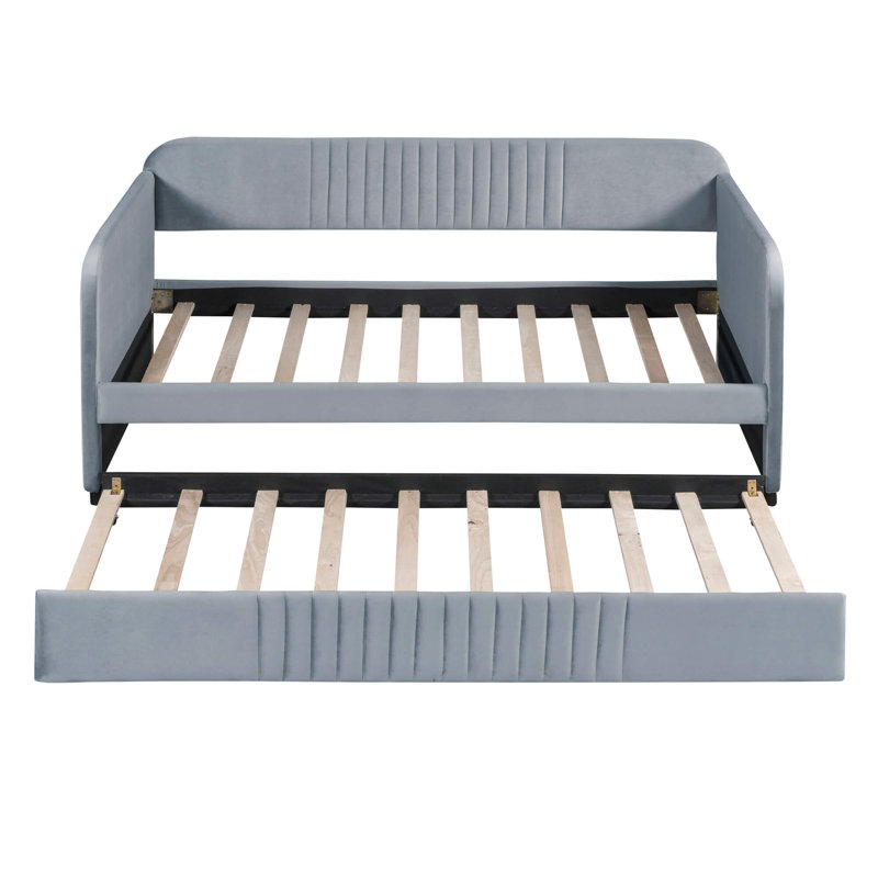 Upholstered Twin Daybed Sofa With Pull-Out Trundle & Wood Slat Support, Gray