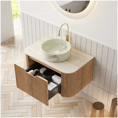 DINA 30" Bathroom Vanity&Sink, Floating Curved Edges Striped Cabinet with Drawer, Round Ceramic Basin with Stone Pattern&Travertine-Pattern Sintered Stone Top, Pre-assembled, Natural Woodgrain Color