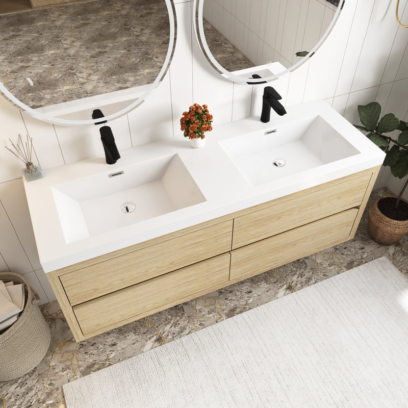 Meuble-lavabo mural 60 po avec lavabo, Bois de chêne naturel