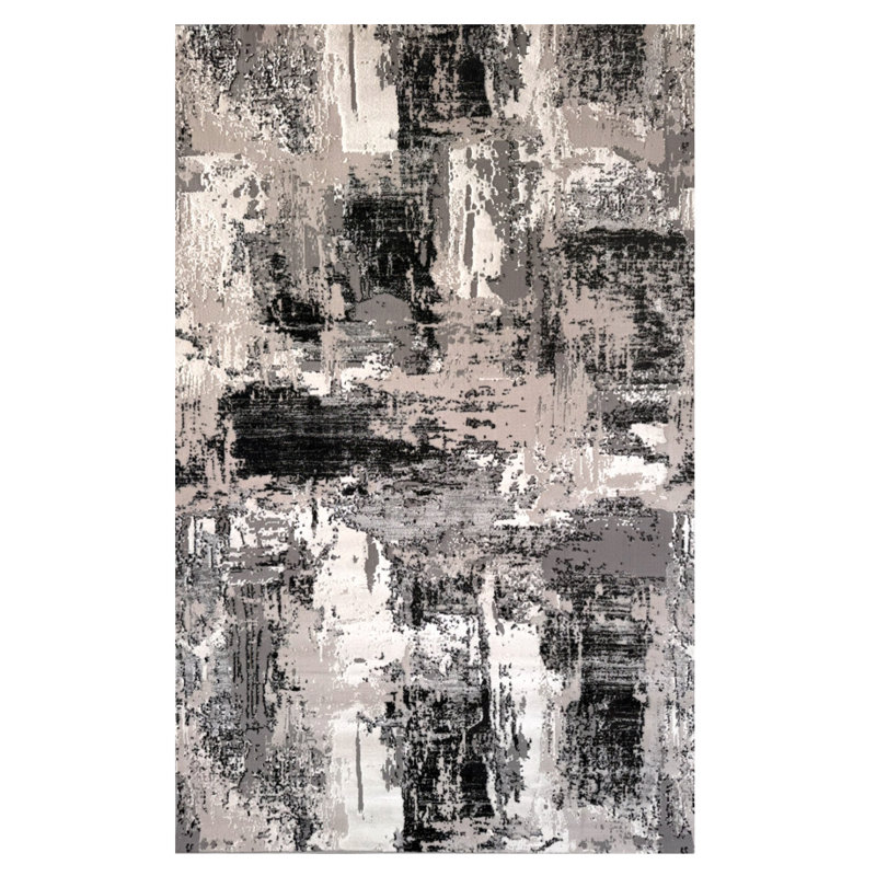 Tapis abstrait noir, gris et beige 8 pi x 11 pi