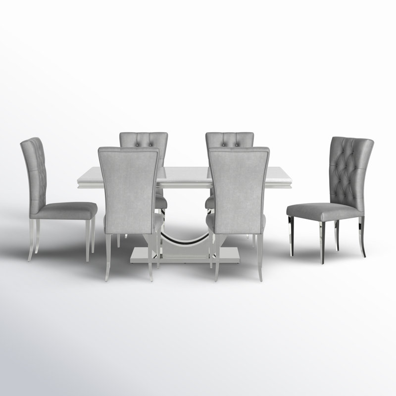 Ensemble de salle à manger Demorest, Table blanche avec chaises grises, 7 pièces : table, 6 chaises