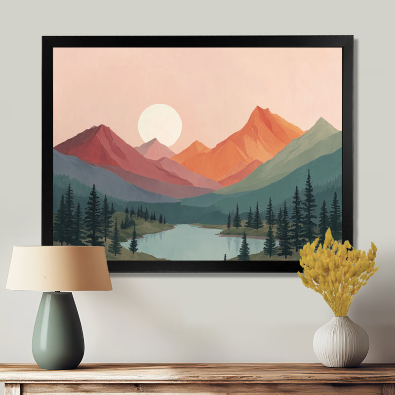 «Rose and Blue Summer Mountain and Lake Scenery - Mountain Wall Art, Pink Landscape», reproduction sur toile, Noir