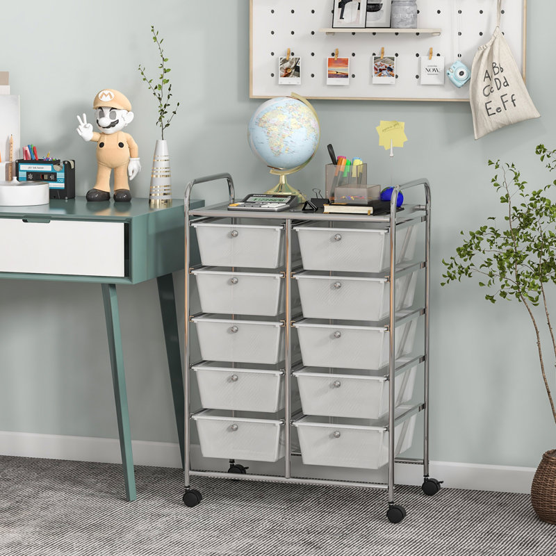 Nally 10 Drawer Storage Drawer with Locking Wheels, Clear/Silver