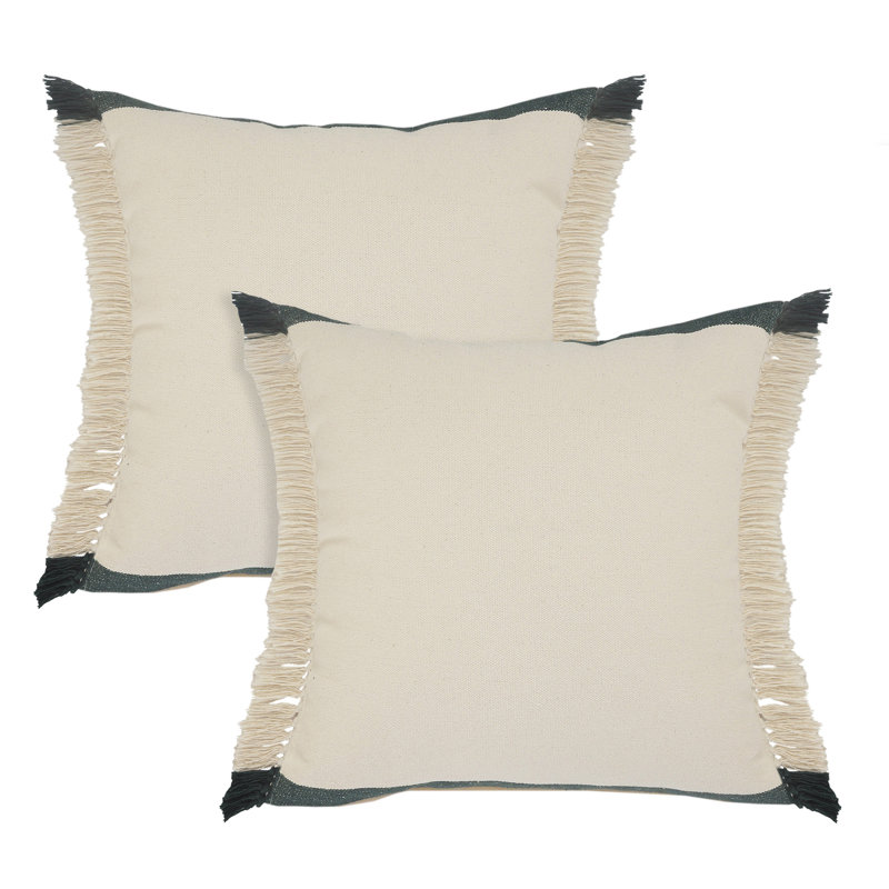 Ensemble de coussins décoratifs en coton à franges Coastal, Vert / ivoire