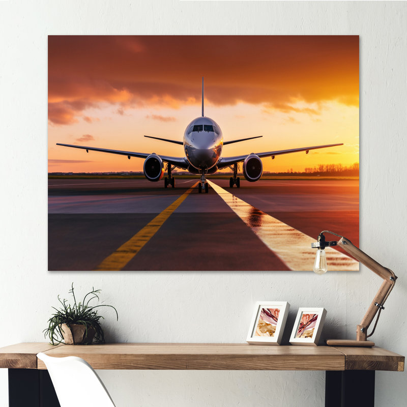 Avion au coucher du soleil II - décoration murale transport, H 12 po x l 20 po x P 1 po, Toile tendue