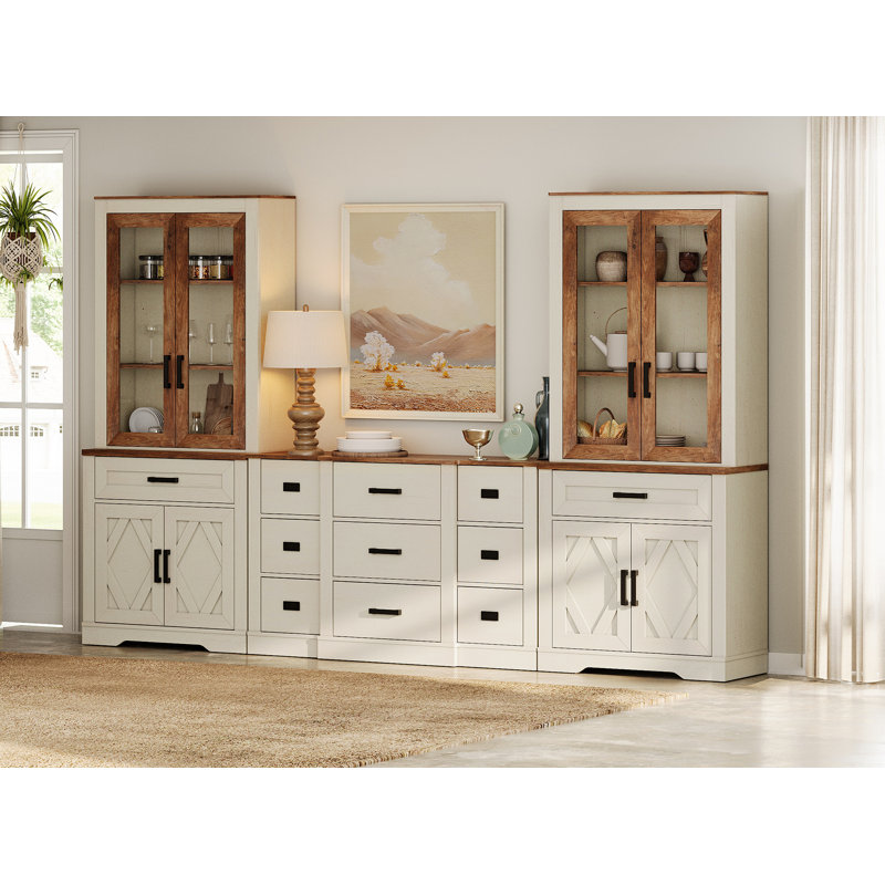 Glenford 3-In-1 73.3"H Farmhouse Kitchen Pantry Set - 9-Drawer Curved Center Console & Dual Sideboards With Barn Door Bases + 3-Tier Open Shelves, Rustic Storage Cabinet
