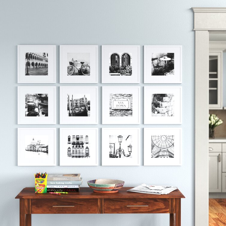 Gallery Perfect Set of 9 Piece White Square Photo Frames with Double White  Mat Wall Gallery Kit. Includes: Hanging Template, Art Prints and Hanging