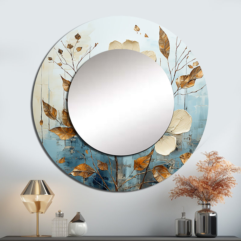 Serhan Leaf And Flower Charm In Winter I - Leaves Decorative Mirror, Beige Round Wall Mirror, Printed Metal Art, 23" x 23"