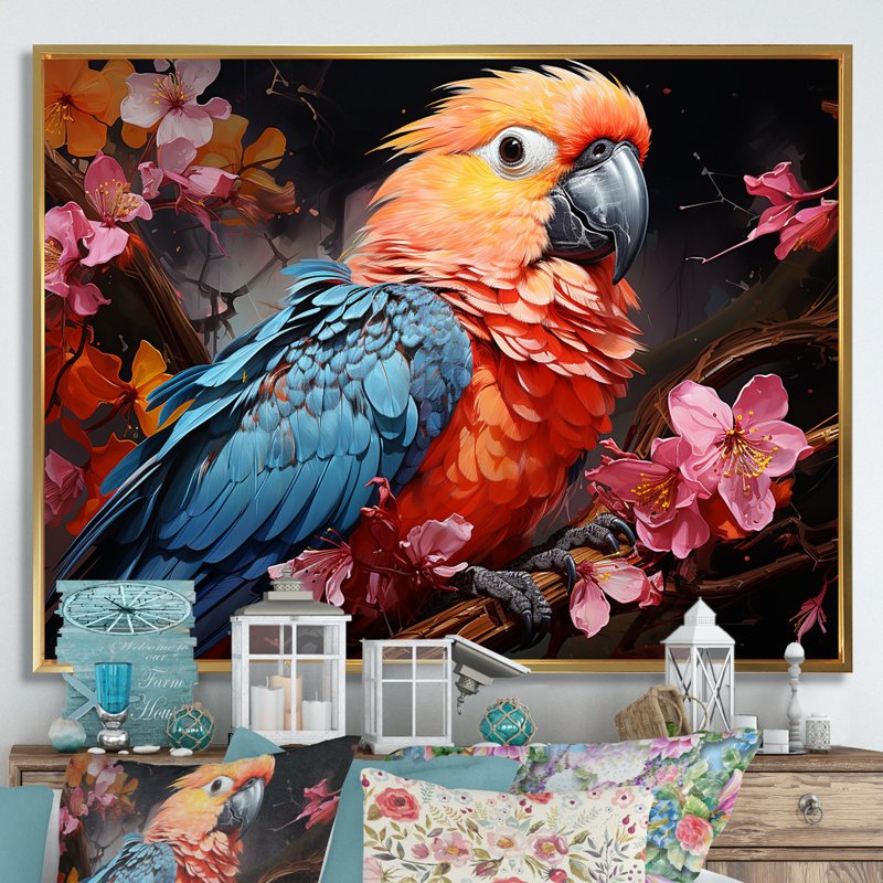 " Parrots Tropical Rhapsody I ", Gold Floater Frame, 30" H x 40" W x 1.5" D