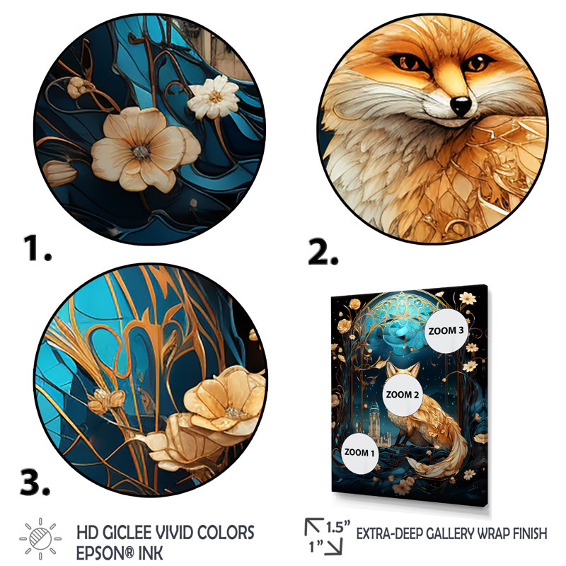 Beige et bleu clair de lune, forêt, renard, art mural animal, Cadre doré simple, H 44 po x l 34 po x P 1,5 po