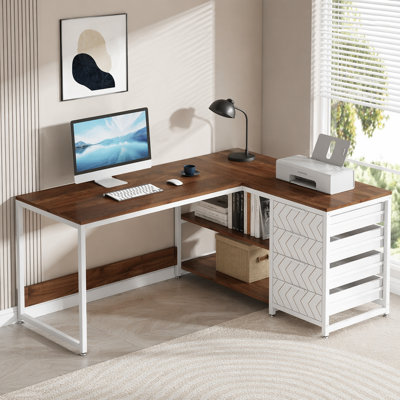 Reversible L Shaped Corner Desk with Drawers and Shelves for Home Office