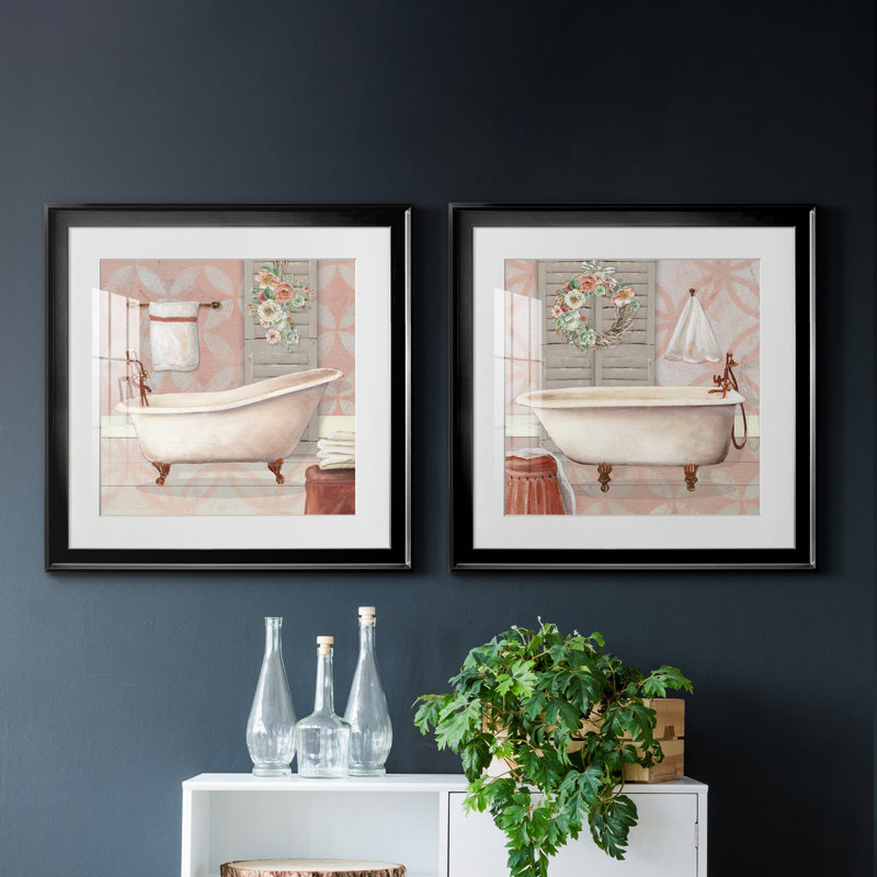 «Blush Bath I», ensemble de 2 reproductions sur toiles tendues, Blanc, Papier avec cadre noir, H 17,5 po x l 35 po x P 1,5 po