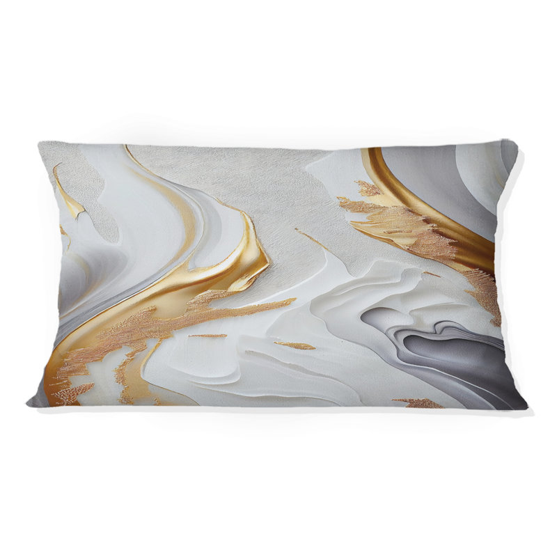 Blanc et marbre doré abstrait I - coussin abstrait en marbre imprimé, 12" x 20", Rectangulaire