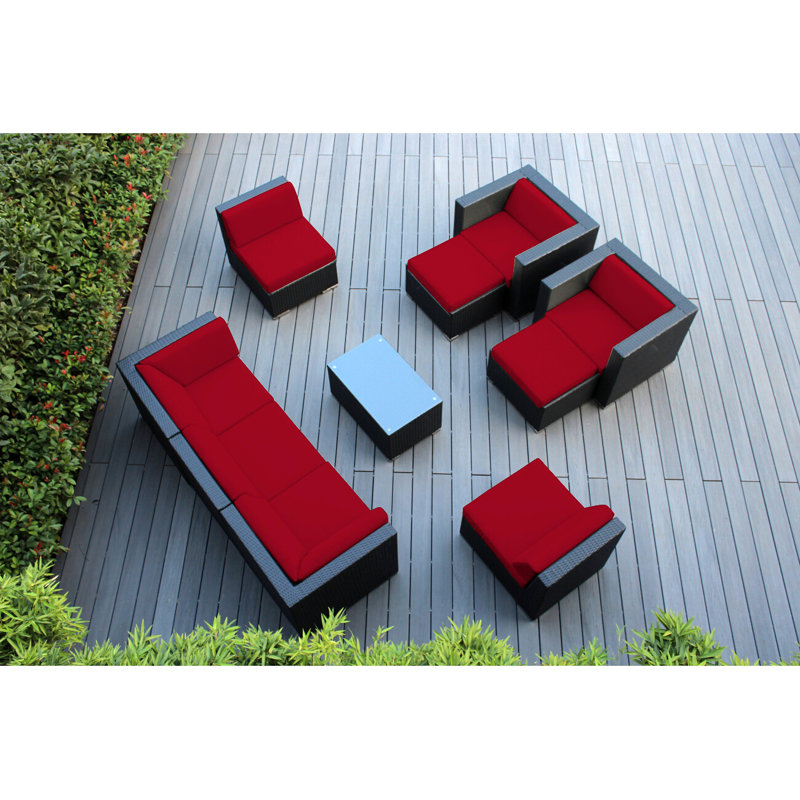 Kiara Wicker 7 - Person Seating Group with Cushions - No Assembly, Canvas Jockey Red Sunbrella® Canvas, Black