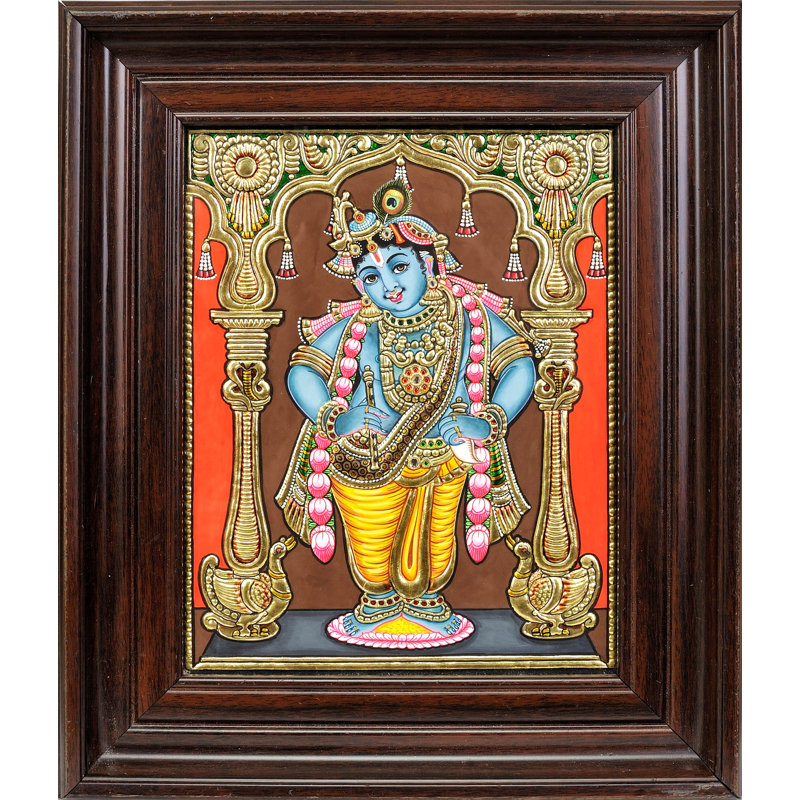 Shri Krishna, peinture encadrée de Tanjore | (Peinture encadrée) | Couleurs traditionnelles avec or 24 carats