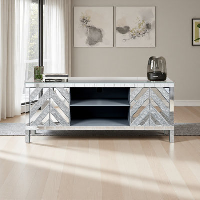 Meuble télé 47 pouces avec portes en verre Diamond, conception à deux portes avec espace de rangement ouvert, compatible avec les téléviseurs de 50 pouces, décor moderne pour le salon et la chambre à coucher