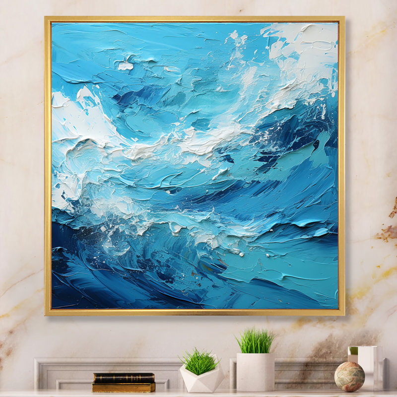 Cerulean Seascape III - Abstract Landscape Wall Art Living Room, H 16 po x l 16 po, Cadre flottant doré