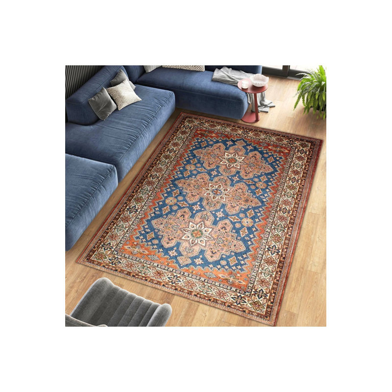 Tapis orange lavable à la machine à motif tissé orange et bleu, Rectangle 3 pi 11 po x 5 pi 11 po