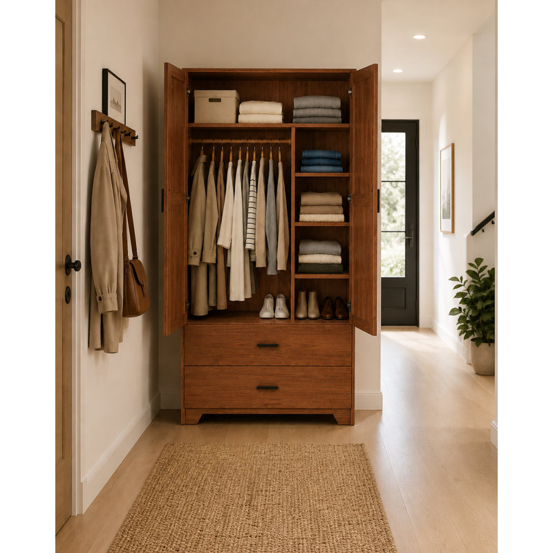 Armoire en bois massif avec 2 tiroirs en noyer délavé, Noyer