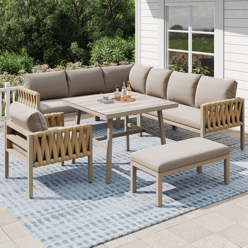 Outdoor Sectional Patio Set With Cushions, Beige Cushion/Brown Frame