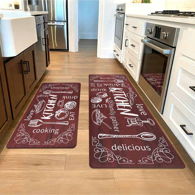 Anti-Fatigue Non-Skid Waterproof Kitchen Mat (Set of 2), Runner 18" x 30" + 18" x 48", Red