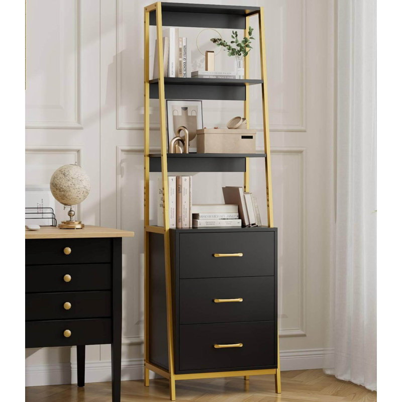 Black Gold 4-Tier Ladder Bookshelf with Wooden Drawers