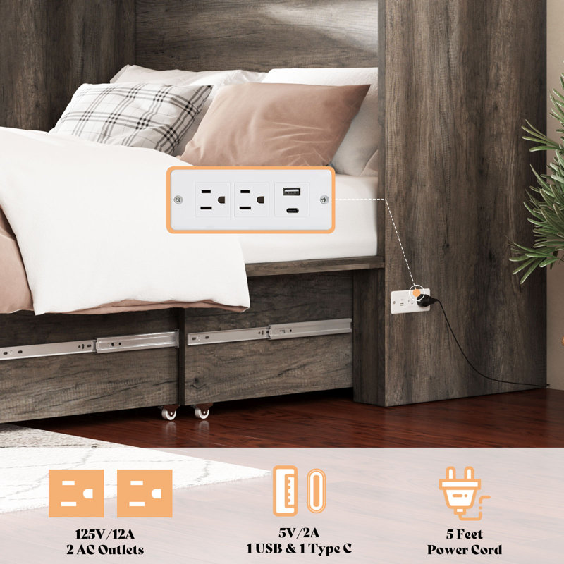 Revan Farmhouse Queen Murphy Bed With Storage & Charging Station, Grey, Queen, Grey